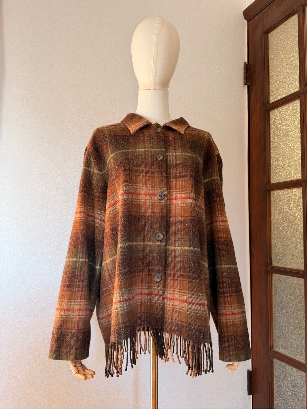 Norton Studio 90s Women's Plaid Fringe Hem Collared Button Front Jacket Size 18